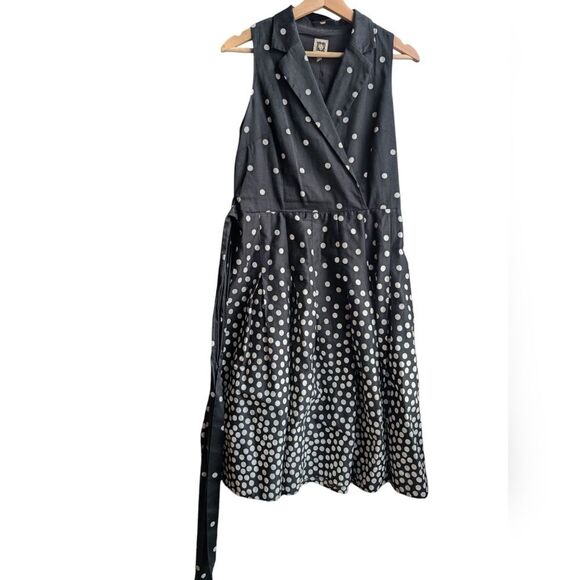 AnneKlein Cotton Fit Flare Faux Wrap Black White Polka Dot Midi Dress Us6 Medium - Picture 10 of 13
